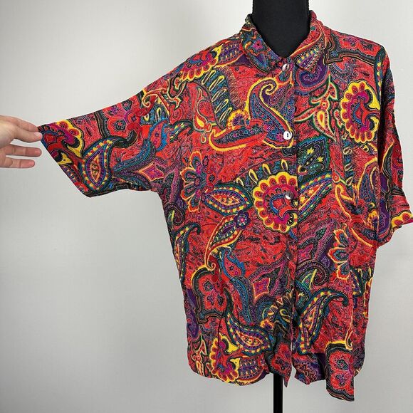 Vtg Chicos Design Button Up Shirt Large Sz 2 Multicolor Paisley Rayon Blouse - Picture 4 of 11